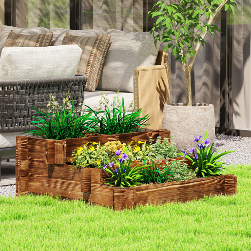 Outsunny Caixa de Plantio de Madeira de 3 Níveis Horta Vertical em Escada com Malha Geotextil para Cultivos de Plantas Flores para Jardim Terraço Exterior 93x93x35 cm Carbonizado