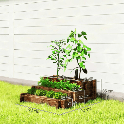 Outsunny Caixa de Plantio de Madeira de 3 Níveis Horta Vertical em Escada com Malha Geotextil para Cultivos de Plantas Flores para Jardim Terraço Exterior 93x93x35 cm Carbonizado