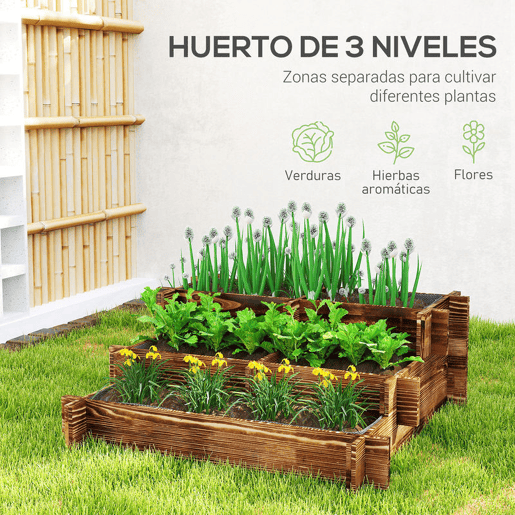 Outsunny Caixa de Plantio de Madeira de 3 Níveis Horta Vertical em Escada com Malha Geotextil para Cultivos de Plantas Flores para Jardim Terraço Exterior 93x93x35 cm Carbonizado