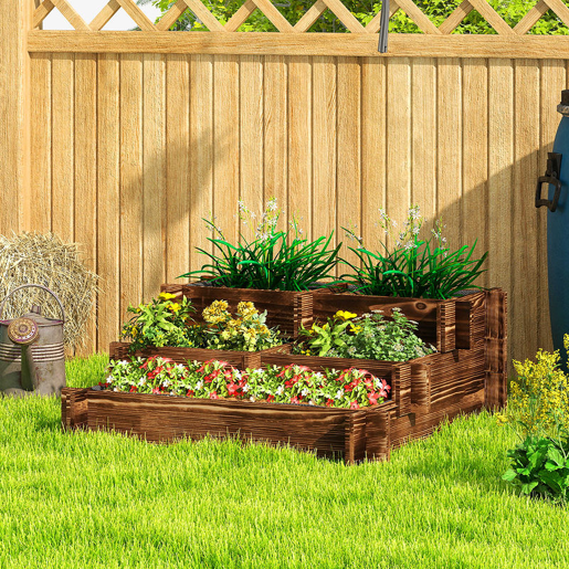 Outsunny Caixa de Plantio de Madeira de 3 Níveis Horta Vertical em Escada com Malha Geotextil para Cultivos de Plantas Flores para Jardim Terraço Exterior 93x93x35 cm Carbonizado