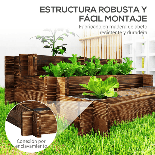 Outsunny Caixa de Plantio de Madeira de 3 Níveis Horta Vertical em Escada com Malha Geotextil para Cultivos de Plantas Flores para Jardim Terraço Exterior 93x93x35 cm Carbonizado