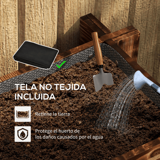 Outsunny Caixa de Plantio de Madeira de 3 Níveis Horta Vertical em Escada com Malha Geotextil para Cultivos de Plantas Flores para Jardim Terraço Exterior 93x93x35 cm Carbonizado