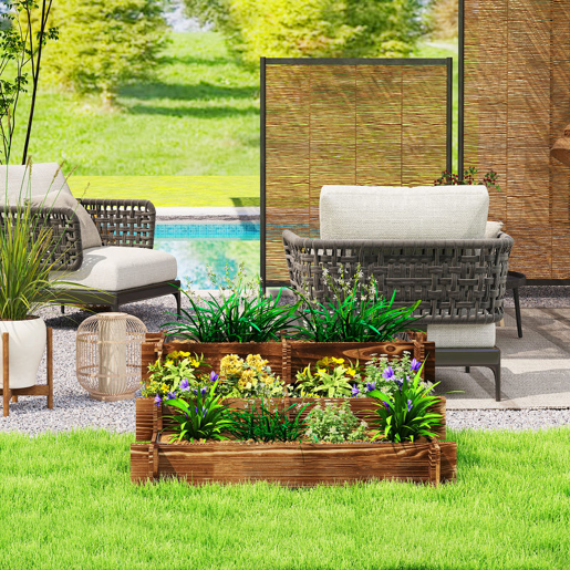 Outsunny Caixa de Plantio de Madeira de 3 Níveis Horta Vertical em Escada com Malha Geotextil para Cultivos de Plantas Flores para Jardim Terraço Exterior 93x93x35 cm Carbonizado