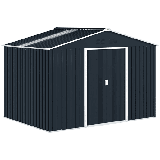 Outsunny Abrigo de Jardim Exterior 4,9 m² 277x195x192 cm Abrigo de Jardim Metálico com Telhado de Fibra de Vidro Portas Deslizantes Base Reforçada (Chão NÃO Incluído) e Janelas Cinzento Escuro