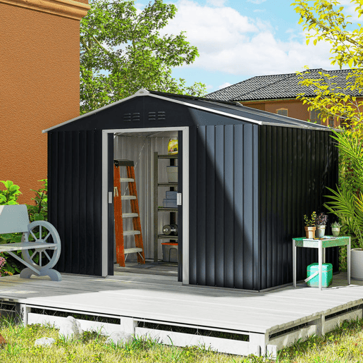 Outsunny Abrigo de Jardim Exterior 4,9 m² 277x195x192 cm Abrigo de Jardim Metálico com Telhado de Fibra de Vidro Portas Deslizantes Base Reforçada (Chão NÃO Incluído) e Janelas Cinzento Escuro