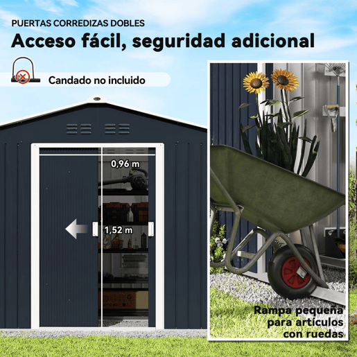 Outsunny Abrigo de Jardim Exterior 4,9 m² 277x195x192 cm Abrigo de Jardim Metálico com Telhado de Fibra de Vidro Portas Deslizantes Base Reforçada (Chão NÃO Incluído) e Janelas Cinzento Escuro