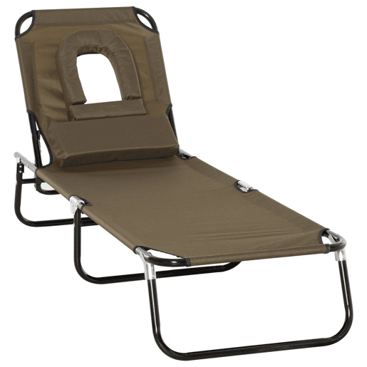 Outsunny Espreguiçadeira Dobrável com Encosto Ajustável em 4 Posições Espreguiçadeira de Jardim com Orifício para Leitura Almofada Estrutura Metálica e Tecido Oxford para Praia Terraço Carga 120 kg 190x56x28 cm Castanho