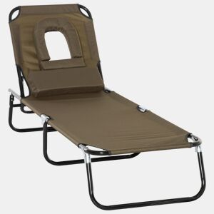 Outsunny Espreguiçadeira Dobrável com Encosto Ajustável em 4 Posições Espreguiçadeira de Jardim com Orifício para Leitura Almofada Estrutura Metálica e Tecido Oxford para Praia Terraço Carga 120 kg 190x56x28 cm Castanho