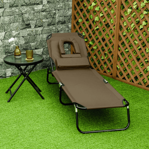 Outsunny Espreguiçadeira Dobrável com Encosto Ajustável em 4 Posições Espreguiçadeira de Jardim com Orifício para Leitura Almofada Estrutura Metálica e Tecido Oxford para Praia Terraço Carga 120 kg 190x56x28 cm Castanho