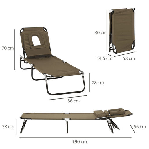 Outsunny Espreguiçadeira Dobrável com Encosto Ajustável em 4 Posições Espreguiçadeira de Jardim com Orifício para Leitura Almofada Estrutura Metálica e Tecido Oxford para Praia Terraço Carga 120 kg 190x56x28 cm Castanho