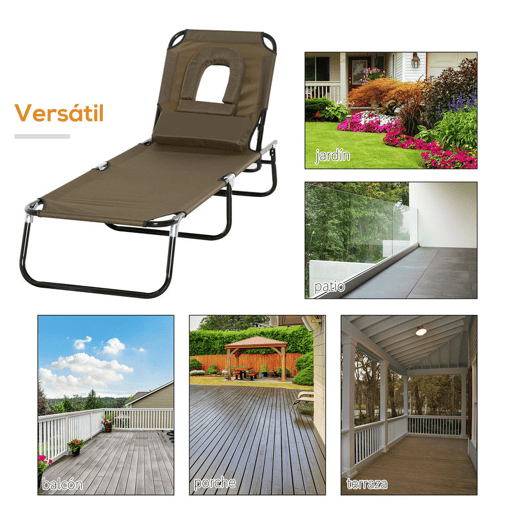 Outsunny Espreguiçadeira Dobrável com Encosto Ajustável em 4 Posições Espreguiçadeira de Jardim com Orifício para Leitura Almofada Estrutura Metálica e Tecido Oxford para Praia Terraço Carga 120 kg 190x56x28 cm Castanho