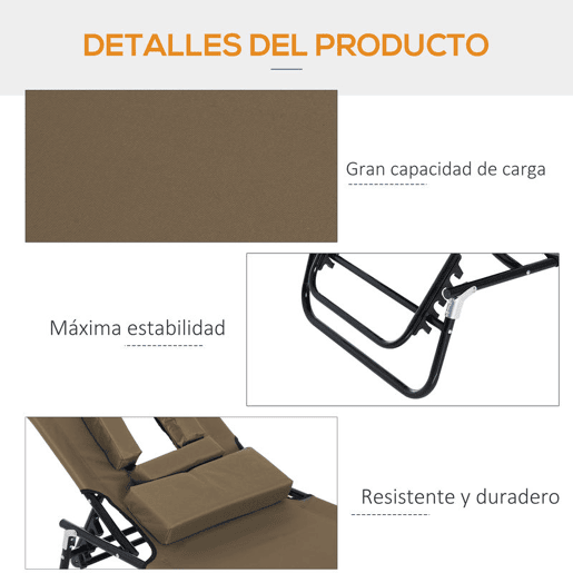 Outsunny Espreguiçadeira Dobrável com Encosto Ajustável em 4 Posições Espreguiçadeira de Jardim com Orifício para Leitura Almofada Estrutura Metálica e Tecido Oxford para Praia Terraço Carga 120 kg 190x56x28 cm Castanho
