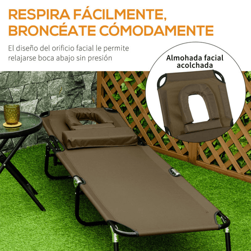 Outsunny Espreguiçadeira Dobrável com Encosto Ajustável em 4 Posições Espreguiçadeira de Jardim com Orifício para Leitura Almofada Estrutura Metálica e Tecido Oxford para Praia Terraço Carga 120 kg 190x56x28 cm Castanho