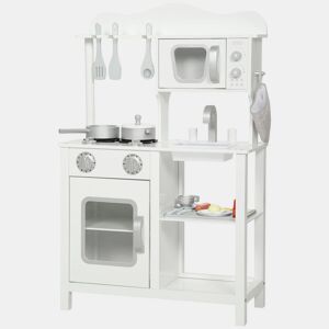 AIYAPLAY Cozinha de Brincar em Madeira com Som Cozinha Infantil com Acessórios Lava-Loiças Micro-Ondas e Fogão Brinquedos para Crianças a Partir de 3 Anos 55x24x86 cm Branco