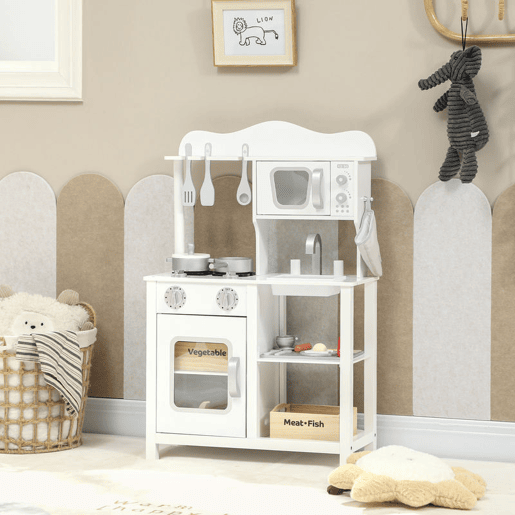 AIYAPLAY Cozinha de Brincar em Madeira com Som Cozinha Infantil com Acessórios Lava-Loiças Micro-Ondas e Fogão Brinquedos para Crianças a Partir de 3 Anos 55x24x86 cm Branco