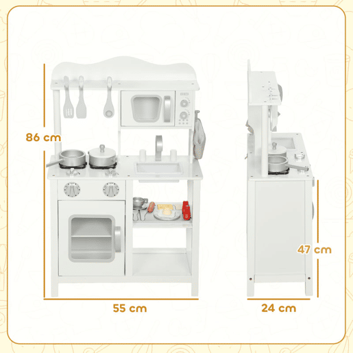 AIYAPLAY Cozinha de Brincar em Madeira com Som Cozinha Infantil com Acessórios Lava-Loiças Micro-Ondas e Fogão Brinquedos para Crianças a Partir de 3 Anos 55x24x86 cm Branco