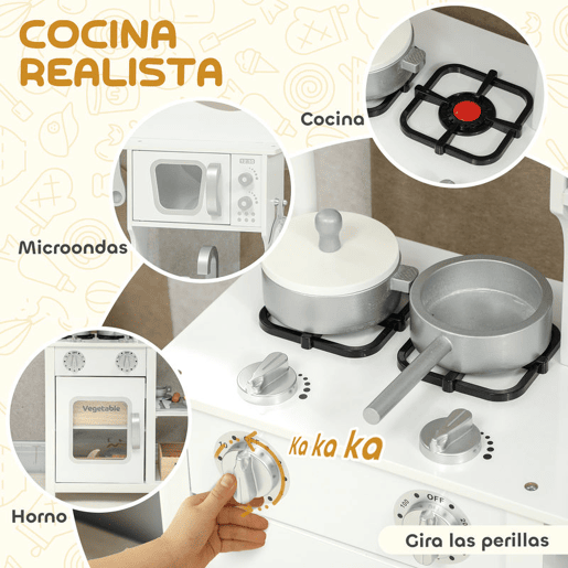 AIYAPLAY Cozinha de Brincar em Madeira com Som Cozinha Infantil com Acessórios Lava-Loiças Micro-Ondas e Fogão Brinquedos para Crianças a Partir de 3 Anos 55x24x86 cm Branco