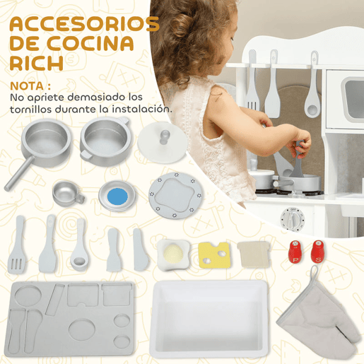 AIYAPLAY Cozinha de Brincar em Madeira com Som Cozinha Infantil com Acessórios Lava-Loiças Micro-Ondas e Fogão Brinquedos para Crianças a Partir de 3 Anos 55x24x86 cm Branco