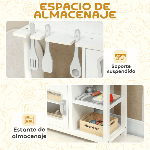 AIYAPLAY Cozinha de Brincar em Madeira com Som Cozinha Infantil com Acessórios Lava-Loiças Micro-Ondas e Fogão Brinquedos para Crianças a Partir de 3 Anos 55x24x86 cm Branco