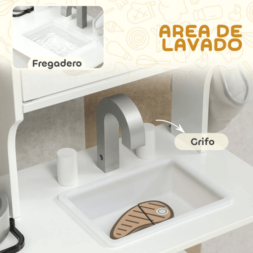 AIYAPLAY Cozinha de Brincar em Madeira com Som Cozinha Infantil com Acessórios Lava-Loiças Micro-Ondas e Fogão Brinquedos para Crianças a Partir de 3 Anos 55x24x86 cm Branco