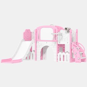 AIYAPLAY Escorrega Infantil 7 em 1 para Crianças dos 1 aos 3 Anos Tema de Sapo com Aro de Basquetebol Túnel, Quadro Telescópio de Brincar Trepador e Caixas, Interior e Exterior 176x150x94 cm Rosa