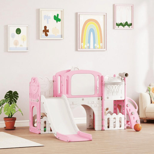 AIYAPLAY Escorrega Infantil 7 em 1 para Crianças dos 1 aos 3 Anos Tema de Sapo com Aro de Basquetebol Túnel, Quadro Telescópio de Brincar Trepador e Caixas, Interior e Exterior 176x150x94 cm Rosa