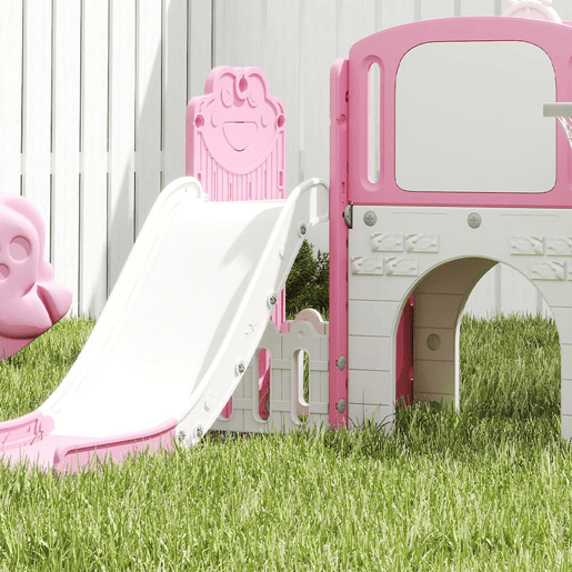 AIYAPLAY Escorrega Infantil 7 em 1 para Crianças dos 1 aos 3 Anos Tema de Sapo com Aro de Basquetebol Túnel, Quadro Telescópio de Brincar Trepador e Caixas, Interior e Exterior 176x150x94 cm Rosa