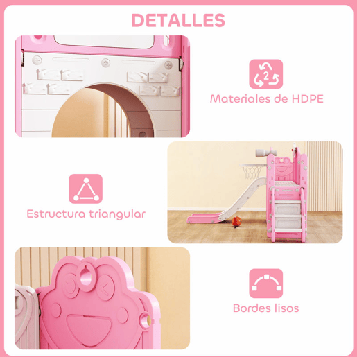 AIYAPLAY Escorrega Infantil 7 em 1 para Crianças dos 1 aos 3 Anos Tema de Sapo com Aro de Basquetebol Túnel, Quadro Telescópio de Brincar Trepador e Caixas, Interior e Exterior 176x150x94 cm Rosa