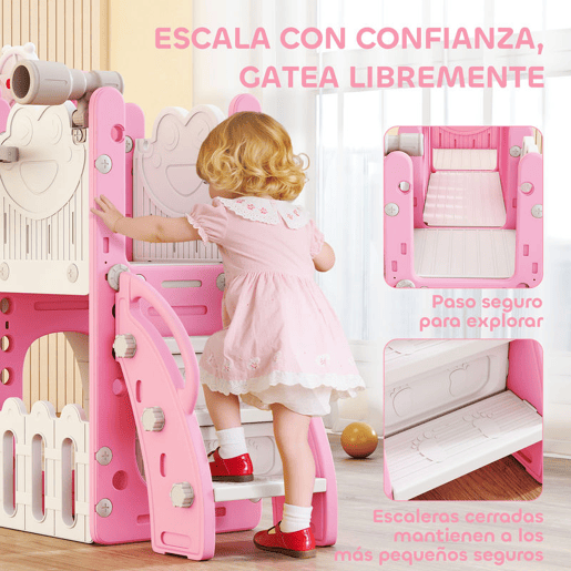 AIYAPLAY Escorrega Infantil 7 em 1 para Crianças dos 1 aos 3 Anos Tema de Sapo com Aro de Basquetebol Túnel, Quadro Telescópio de Brincar Trepador e Caixas, Interior e Exterior 176x150x94 cm Rosa