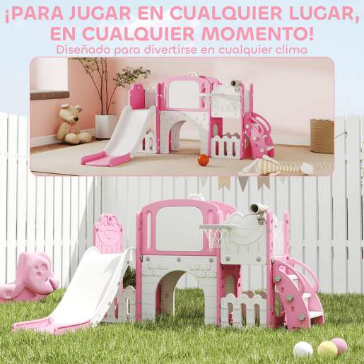 AIYAPLAY Escorrega Infantil 7 em 1 para Crianças dos 1 aos 3 Anos Tema de Sapo com Aro de Basquetebol Túnel, Quadro Telescópio de Brincar Trepador e Caixas, Interior e Exterior 176x150x94 cm Rosa