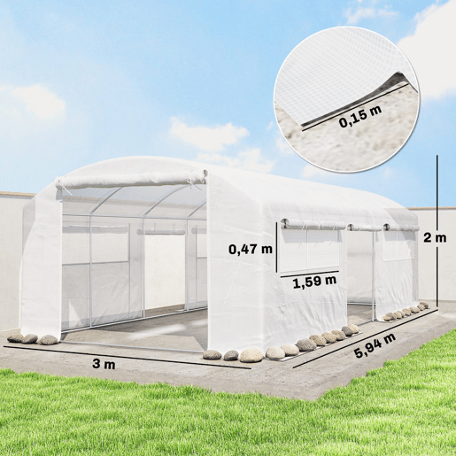 Outsunny Estufa de Exterior 6x3x2 m Estufa Túnel com 3 Portas Enroláveis Janelas com Rede Cobertura PE 140gm² Anti-UV e Estrutura de Aço Galvanizado para Cultivo de Plantas Branco