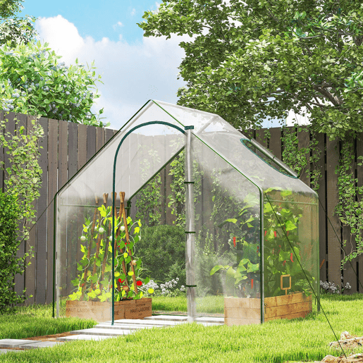 Outsunny Estufa Pequena, Estufa de Exterior com Janela e Porta com Fecho Estrutura de Aço Cobertura de Plástico Impermeável Anti-UV para Cultivar Plantas 180x100x168 cm Transparente
