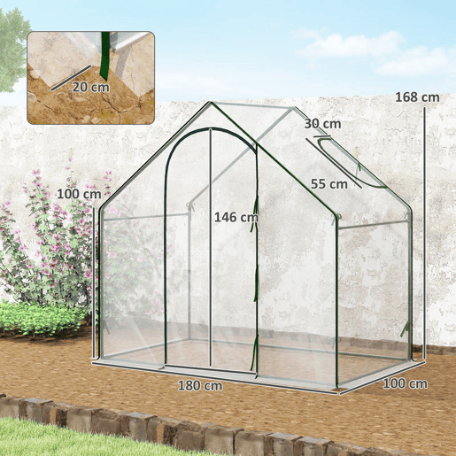 Outsunny Estufa Pequena, Estufa de Exterior com Janela e Porta com Fecho Estrutura de Aço Cobertura de Plástico Impermeável Anti-UV para Cultivar Plantas 180x100x168 cm Transparente