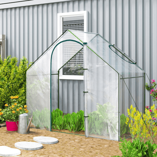 Outsunny Estufa Pequena, Estufa de Exterior com Janela e Porta com Fecho Estrutura de Aço Cobertura de Plástico Impermeável Anti-UV para Cultivar Plantas 180x100x168 cm Transparente