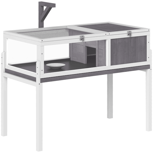 PawHut Casa para Tartarugas em Madeira Terrário para Répteis com 2 Tetos Articulados Bandeja Removível Suporte para Lâmpada Painéis Transparentes Trinco de Segurança e Tigela 104x53x82 cm Branco e Cinza