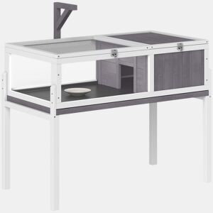 PawHut Casa para Tartarugas em Madeira Terrário para Répteis com 2 Tetos Articulados Bandeja Removível Suporte para Lâmpada Painéis Transparentes Trinco de Segurança e Tigela 104x53x82 cm Branco e Cinza