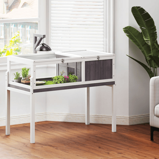 PawHut Casa para Tartarugas em Madeira Terrário para Répteis com 2 Tetos Articulados Bandeja Removível Suporte para Lâmpada Painéis Transparentes Trinco de Segurança e Tigela 104x53x82 cm Branco e Cinza