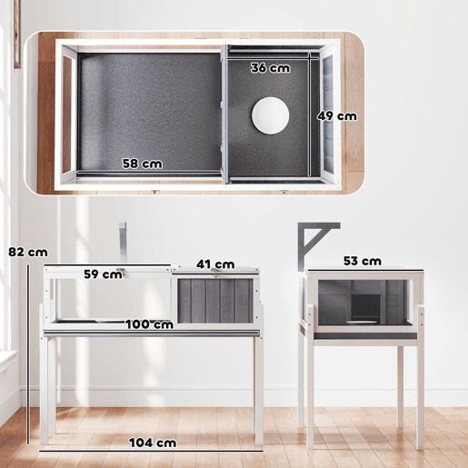 PawHut Casa para Tartarugas em Madeira Terrário para Répteis com 2 Tetos Articulados Bandeja Removível Suporte para Lâmpada Painéis Transparentes Trinco de Segurança e Tigela 104x53x82 cm Branco e Cinza