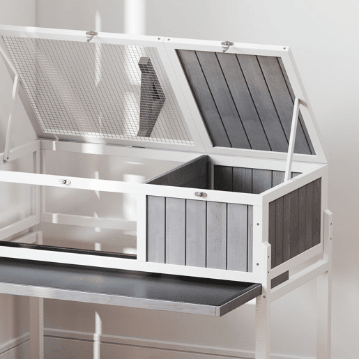 PawHut Casa para Tartarugas em Madeira Terrário para Répteis com 2 Tetos Articulados Bandeja Removível Suporte para Lâmpada Painéis Transparentes Trinco de Segurança e Tigela 104x53x82 cm Branco e Cinza