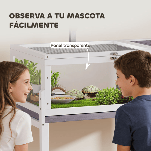 PawHut Casa para Tartarugas em Madeira Terrário para Répteis com 2 Tetos Articulados Bandeja Removível Suporte para Lâmpada Painéis Transparentes Trinco de Segurança e Tigela 104x53x82 cm Branco e Cinza