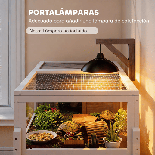 PawHut Casa para Tartarugas em Madeira Terrário para Répteis com 2 Tetos Articulados Bandeja Removível Suporte para Lâmpada Painéis Transparentes Trinco de Segurança e Tigela 104x53x82 cm Branco e Cinza