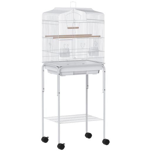 PawHut Gaiola Grande para Pássaros com Rodas Prateleira de Armazenamento Portas, 2 Comedouros 2 Poleiros Baloiço Bandeja Removível e Pega para Papagaio Canário Periquito 46,5x36x124 cm Branco