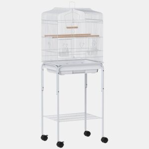 PawHut Gaiola Grande para Pássaros com Rodas Prateleira de Armazenamento Portas, 2 Comedouros 2 Poleiros Baloiço Bandeja Removível e Pega para Papagaio Canário Periquito 46,5x36x124 cm Branco