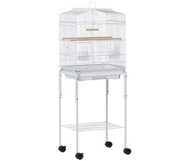 Pawhut jaula para pájaros, jaula grande con ruedas, estante de almacenaje, puertas, 2 comederos, 2 perchas, columpio, bandeja extraíble y asa, para loro, canario, periquito, 46,5x36x124 cm, blanco