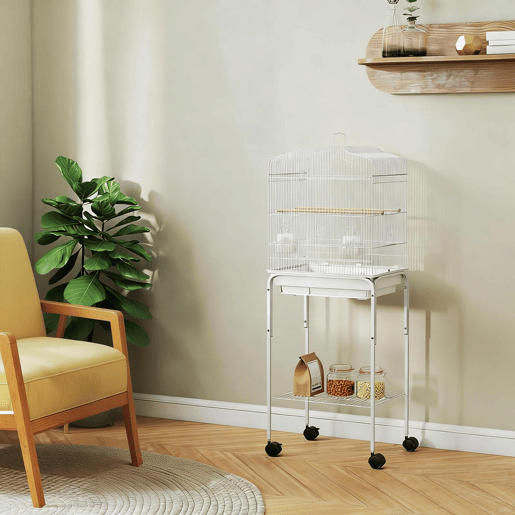 PawHut Gaiola Grande para Pássaros com Rodas Prateleira de Armazenamento Portas, 2 Comedouros 2 Poleiros Baloiço Bandeja Removível e Pega para Papagaio Canário Periquito 46,5x36x124 cm Branco