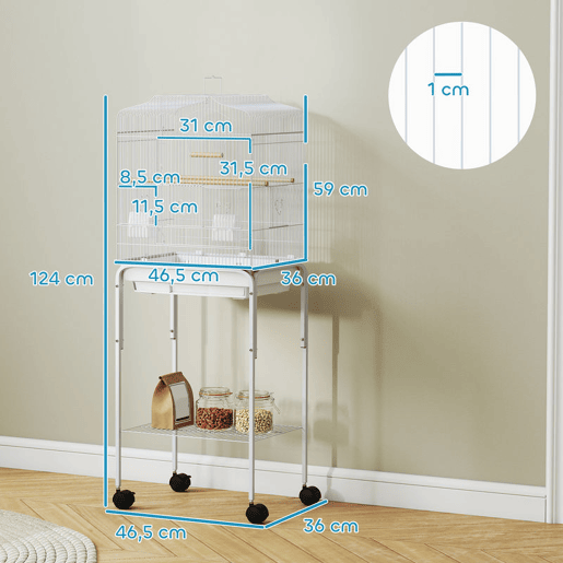 PawHut Gaiola Grande para Pássaros com Rodas Prateleira de Armazenamento Portas, 2 Comedouros 2 Poleiros Baloiço Bandeja Removível e Pega para Papagaio Canário Periquito 46,5x36x124 cm Branco