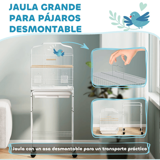 PawHut Gaiola Grande para Pássaros com Rodas Prateleira de Armazenamento Portas, 2 Comedouros 2 Poleiros Baloiço Bandeja Removível e Pega para Papagaio Canário Periquito 46,5x36x124 cm Branco