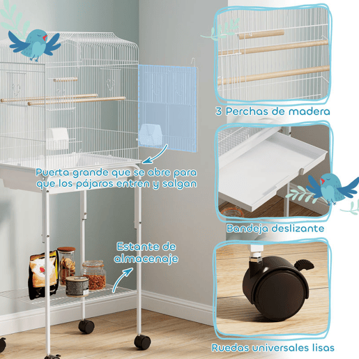 PawHut Gaiola Grande para Pássaros com Rodas Prateleira de Armazenamento Portas, 2 Comedouros 2 Poleiros Baloiço Bandeja Removível e Pega para Papagaio Canário Periquito 46,5x36x124 cm Branco