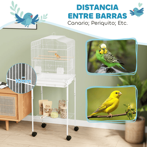 PawHut Gaiola Grande para Pássaros com Rodas Prateleira de Armazenamento Portas, 2 Comedouros 2 Poleiros Baloiço Bandeja Removível e Pega para Papagaio Canário Periquito 46,5x36x124 cm Branco