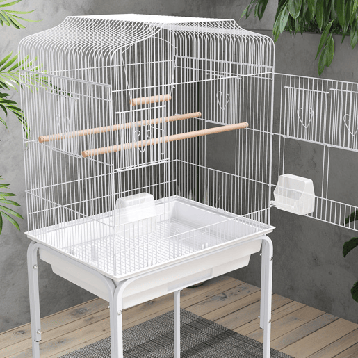 PawHut Gaiola Grande para Pássaros com Rodas Prateleira de Armazenamento Portas, 2 Comedouros 2 Poleiros Baloiço Bandeja Removível e Pega para Papagaio Canário Periquito 46,5x36x124 cm Branco